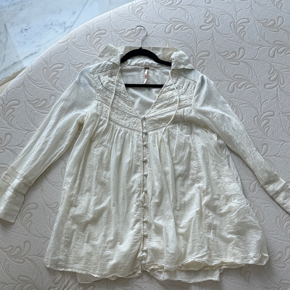 Free People Tunic Blouse or Minidress Cream with Embroidery XS